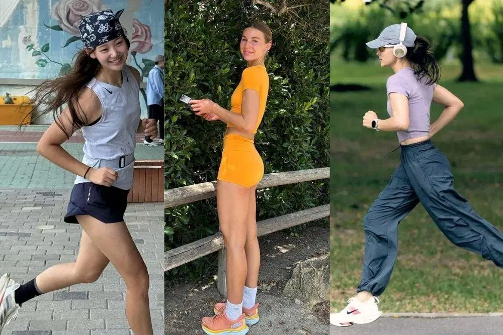 Perempuan mengenakan outfit lari non hijab dengan pakaian olahraga sporty, breathable, dan nyaman untuk aktivitas running di luar ruangan.